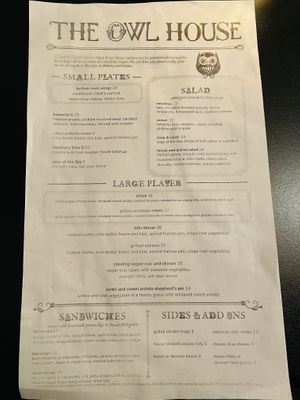 Menu as of 10-17  at The Owl House in Rochester