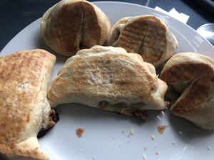 Vegan empanadas!!!! Chickpeas cheez, onion, carrot. And soy-veggie yum!   at Isla Vegana in Ushuaia