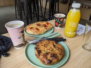 Focaccia, Tortilla, 2 coffee and orange juice at Isla Vegana in Ushuaia