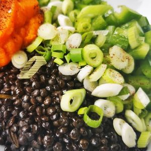 Beluga lentil salad with sweet potato purree at Food Yard in Aachen