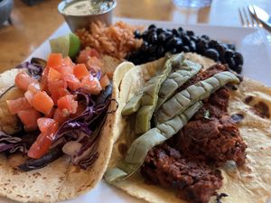 Portobello mushroom taco and soy chorizo taco, beans and rice   at Gomez in Mammoth Lakes