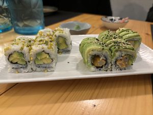 Sun veg & Shrimpz (the first plate with Crunch Spicy Ebi and Drogon was gone before i could take a photo).   at Mun Sushi Bar in Rome