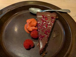 Dark chocolate and sorbet at Kumi Oslobukta in Oslo