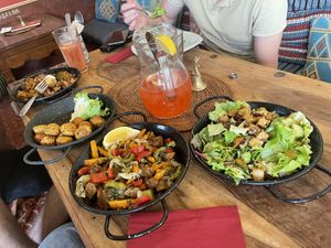 crispy tofu salad; spicy veggie meatballs ; saiten ragu and quinoa ; basmati tomatoes and saiten. Sooo gooooodddd   at Veda House - Sofia in Sofia