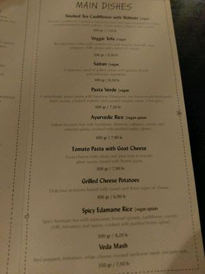 Main food dishes on the menu (Jan 2018) at Veda House - Sofia in Sofia