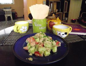 Quinoa tahini  - vegan salad 
Organic quinoa with fresh peppers, tomato and cucumber pieces, complemented by aromatic arugula and olives with irresistible sesame dressing. at Veda House - Sofia in Sofia