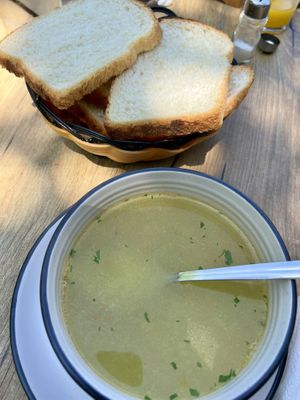Soup and bread   at Garden Organic Restaurant in Kruje