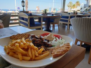 Gyros mushroom plate enjoyed with sea view at Maria's Golden Beach in Crete
