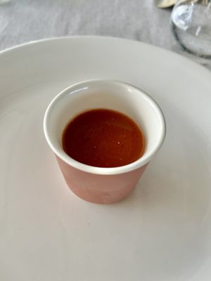 Tomato & Basil cold soup appetiser   at Sa Punta in Menorca