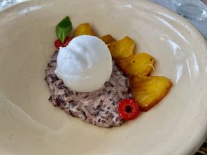Dessert (Grilled pineapple, black rice pudding, Coconut ice cream)  at Sa Punta in Menorca