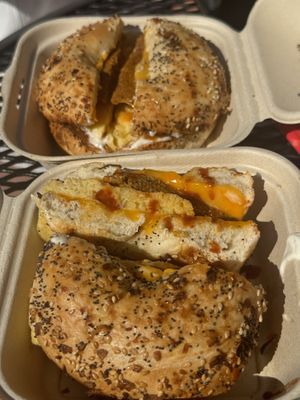 Bagel with vegan cream cheese, just egg, and vegan sausage   at Catalina Coffee & Cookie Co in Santa Catalina Island