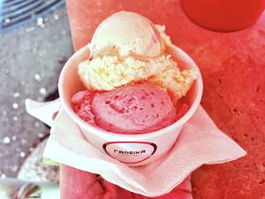 Vegan vanilla and vegan fig ice cream at Fabrika in Tirana