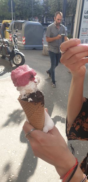 Choc, coconut, pomegranate in a cone for 300lek (2.60€) at Fabrika in Tirana