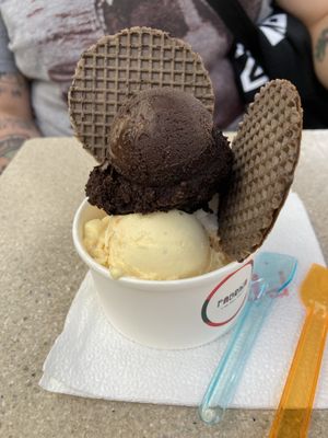 3 flavors of ice cream and vegan waffers  at Fabrika in Tirana