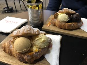 Saturdays vegan ice cream was salted caramel, passion fruit, dark chocolate and yogurt, we chose salted caramel and passion fruit and the other chocolate and passion fruit.   at Fabrika in Tirana