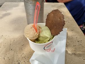 Salted pistachio, tahini with banana (great combination!) at Fabrika in Tirana