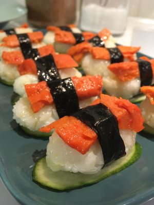 Homemade sushi with vegan salmon Agama Lab at Utkonos in Tula