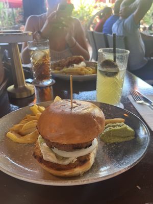Beyond burger with fries and guacamolee  at El Patio in Mallorca