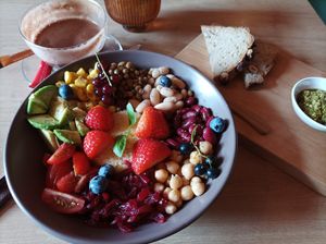 Buddha bowl and mocha at Radošā Maizes Laboratorija in Ventspils