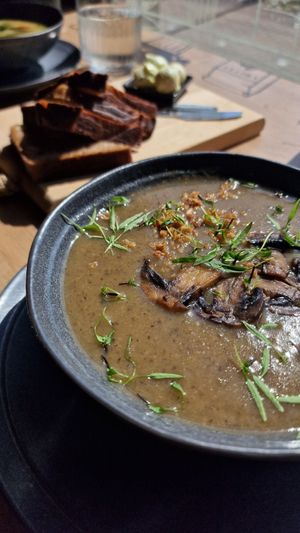 Mushroom soup at Radošā Maizes Laboratorija in Ventspils