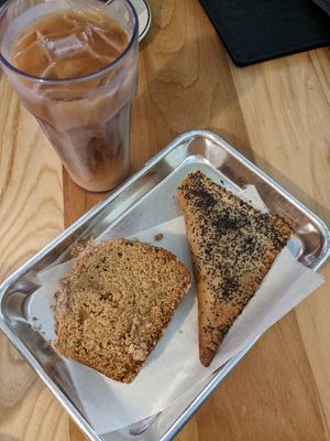 Pumpkin spice bread and tofu feta pastelit with iced coffee at Lit Coffee Roastery & Bakeshop in Bethlehem