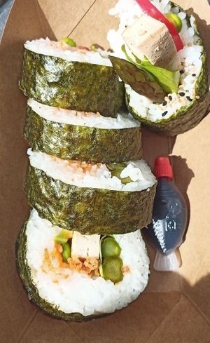 "spicy" vegan sushi. Tiny plastic soy sauce. at Maki Sushi Rolls - Food Stand in Cork