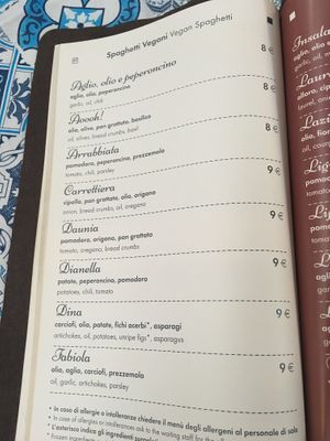 One of the 3 pages with vegan options at La Spaghetteria in Viterbo