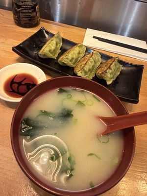 Miso soup and vegetable gyozas  at Taro in London