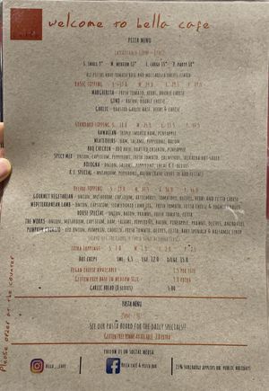 Menu page 1 as of 11/07/23  at Bella Cafe Restaurant & Pizza Bar in Kangaroo Island