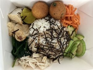 Rice veggie bowl with tofu and sweetpoatoballs  at Be With Years in Kowloon