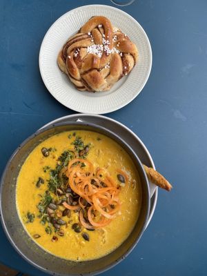 Soup of the week (corn soup) + vegan cardamom bun  at Blå+ in Stockholm
