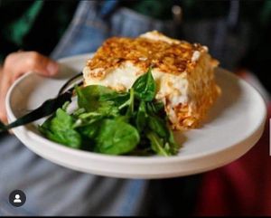 Greek traditional vegan & vegetarian pastitsio with pasta base, minced soya & cream made from either almond or goats milk! at W Karytsi in Athens