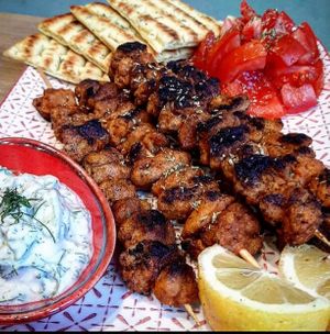 Handmade vegan souvlaki with soya, served with vegan traditional tzatziki, Greek pitta, lemon & fresh tomatoes! at W Karytsi in Athens