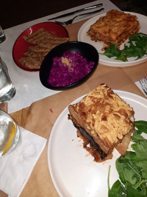 Moussaka and beetroot salad at W Karytsi in Athens
