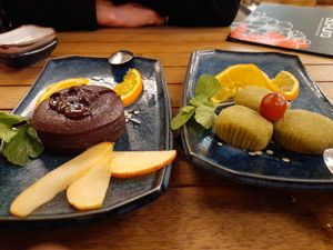 Chocolate cake and green tea mochis at Sakura in Mannheim