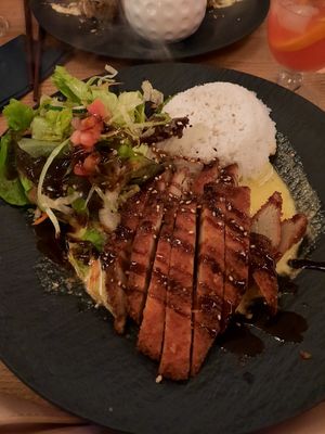 Jasminreis mit Mangocreme,Salat,versch. Gemüse und vegane  Fake Ente at Sakura in Mannheim