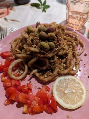 Pici con briciole e pistacchi at Il Bivio Trattoria da Fedio in Ampio