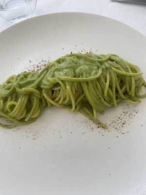 Pistachio spaghetti   at La Scogliera in Siculiana Marina