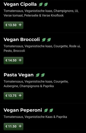 Vegan menu (online) as of 4 August 2022. Part 2/2.  at Pizzeria Di Stefano in Groningen