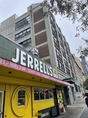 Curbside dinning, there’s a walk up window & a few standing tables on the sidewalk. Great for a quick bite or late night burger  at Jerrell's Betr Brgr in New York City