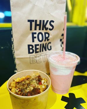 Chili cheese fries and a strawberry shake  at Jerrell's Betr Brgr in New York City