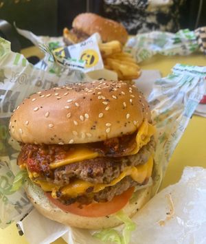 Supr Burger and waffle friess  at Jerrell's Betr Brgr in New York City