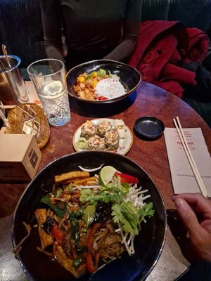 Dinner: Tempure Planted chicken with rice & stir fry noodles with tofu and veggies at Nooch in Bern