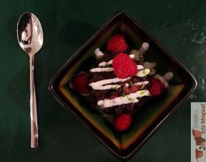 Chocolate cake gluten free with raspberry and lemon zest at B.Better in Paris