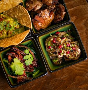 Tapas (guacamole, crunchy potatoes, candied eggplant, oyster mushroom) at B.Better in Paris