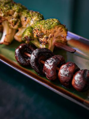 Marinated button mushroom & brocolis skewers at B.Better in Paris
