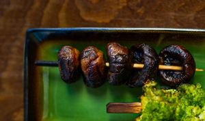 Coffee marinated mushroom skewers at B.Better in Paris