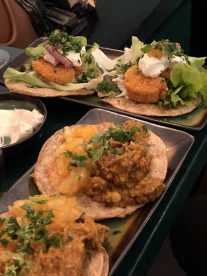 Guacamole quesadillas and no-chicken tacos  at B.Better in Paris