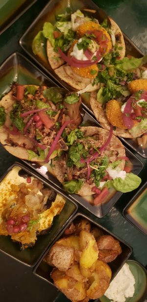 Tacos, roasted potatoes, creamy eggplant at B.Better in Paris