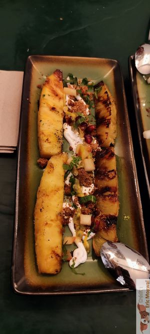 Pineapple marinated in maple syrup/rum, mint, vanilla soy cream at B.Better in Paris